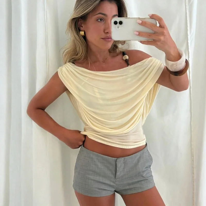Women's Off-Shoulder Crop Top – Sleeveless Open Back
