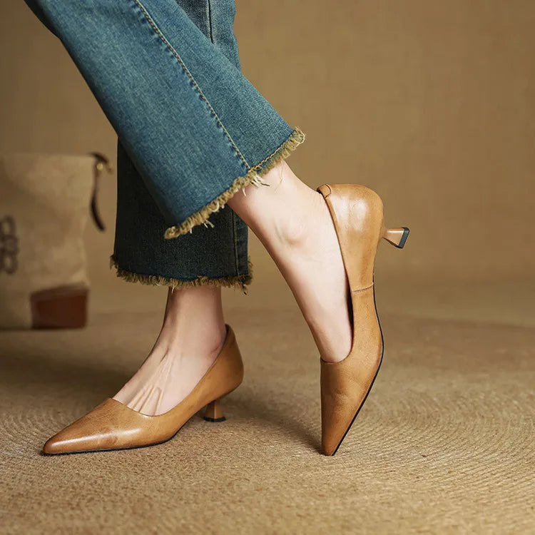 Women's Leather Kitten Heel Pumps – Pointed Toe