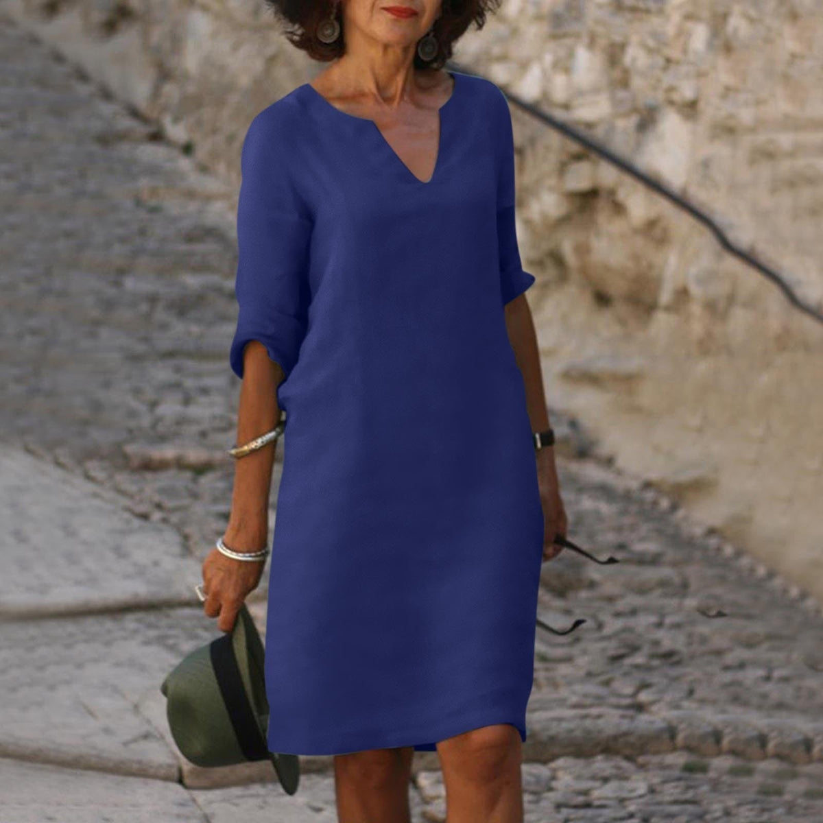 Women's V-Neck Midi Dress – Relaxed Straight Cut