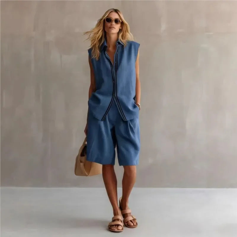 Women's Linen Two-Piece Set – Sleeveless Relaxed Fit