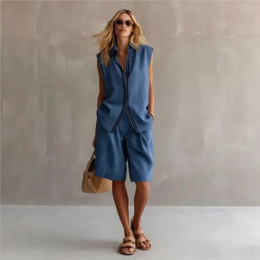 Women's Linen Two-Piece Set – Sleeveless Relaxed Fit