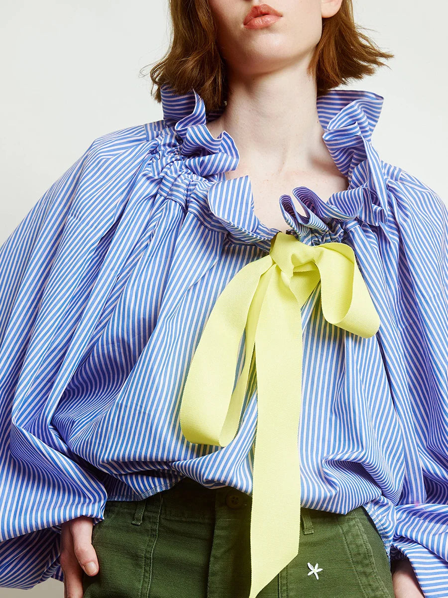 Women's Ruffled Collar Blouse – Bow Tie Lantern Sleeve