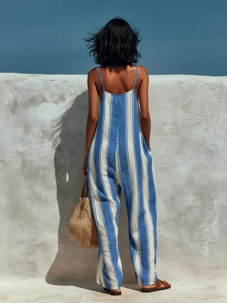Women's Striped Wide-Leg Jumpsuit – Thin Strap Sleeveless
