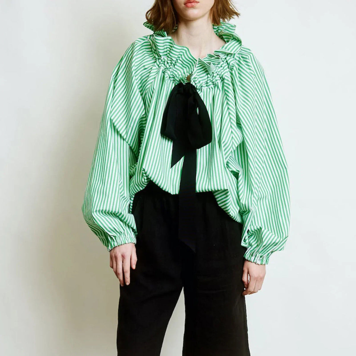 Women's Ruffled Collar Blouse – Bow Tie Lantern Sleeve
