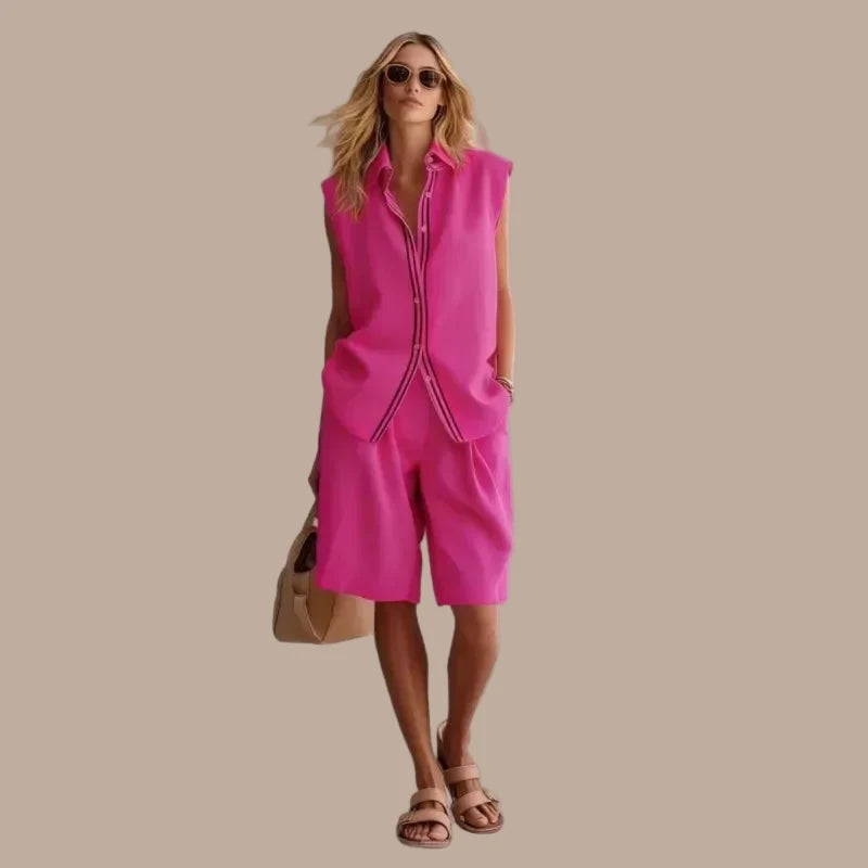 Women's Two-Piece Shirt and Shorts Set – Sleeveless Knee-Length