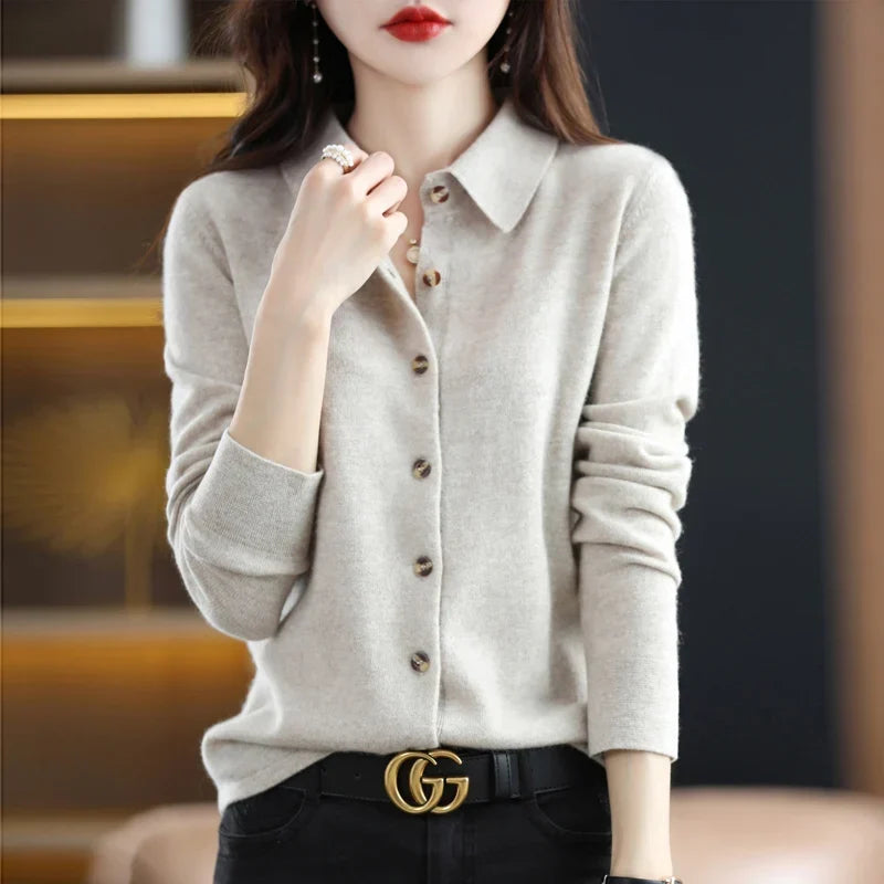 Women's Polo Collar Cardigan – Wool-Blend Button Front