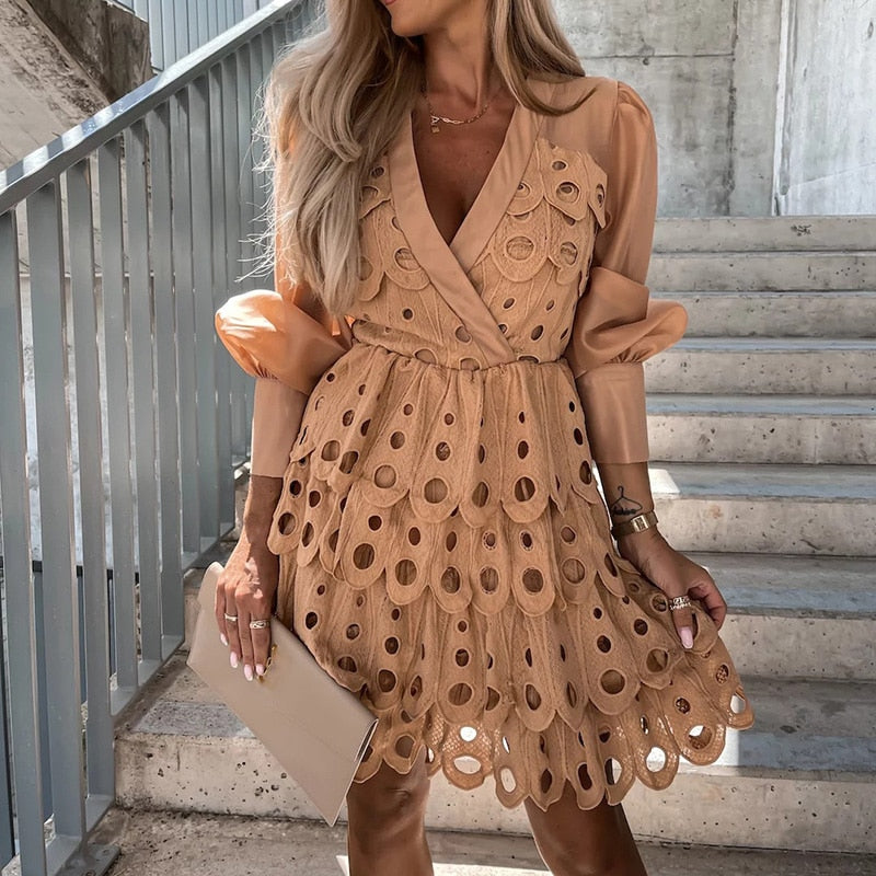 Women's Cutwork Embroidered Mini Dress – Sheer Sleeve Fitted Waist