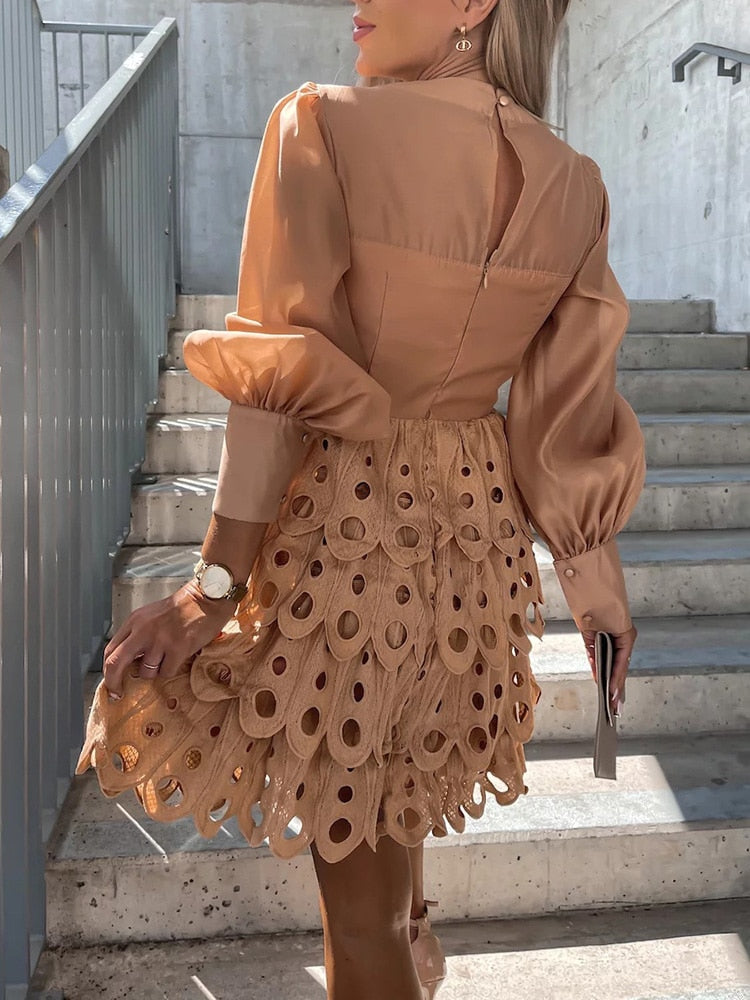 Women's Cutwork Embroidered Mini Dress – Sheer Sleeve Fitted Waist