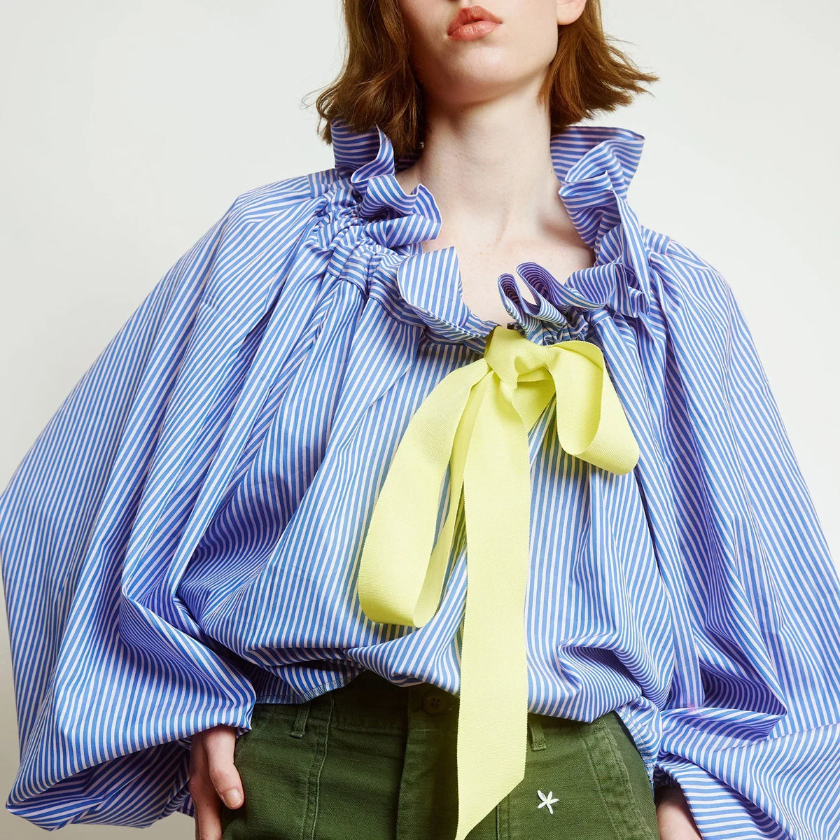 Women's Ruffled Collar Blouse – Bow Tie Lantern Sleeve