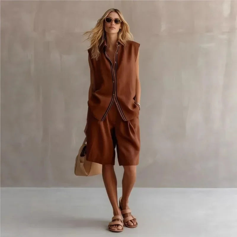 Women's Linen Two-Piece Set – Sleeveless Relaxed Fit