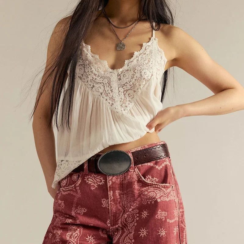 Women's Lace-Trim Cami Top – Sheer Cotton Drape