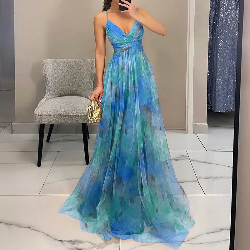 Women's Floral Mesh Maxi Dress – Fitted Bodice Tiered Skirt