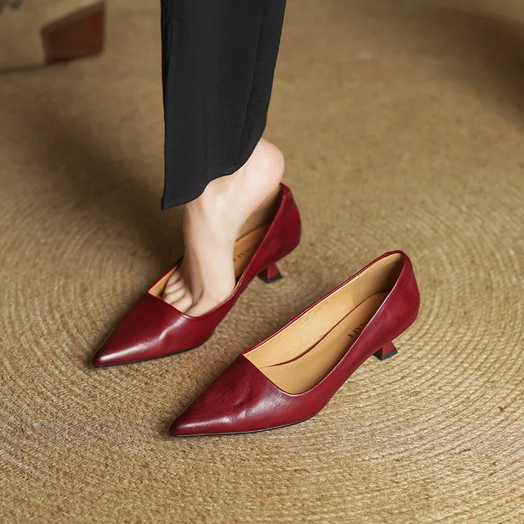 Women's Leather Kitten Heel Pumps – Pointed Toe