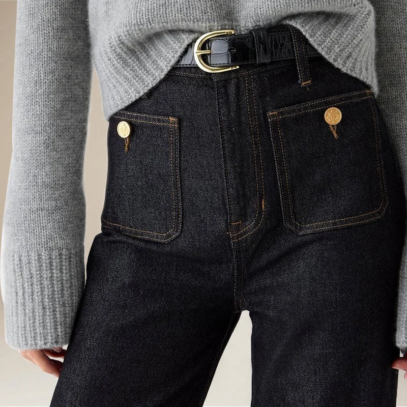 Women's Wide-Leg Jeans – High-Rise Button Pockets