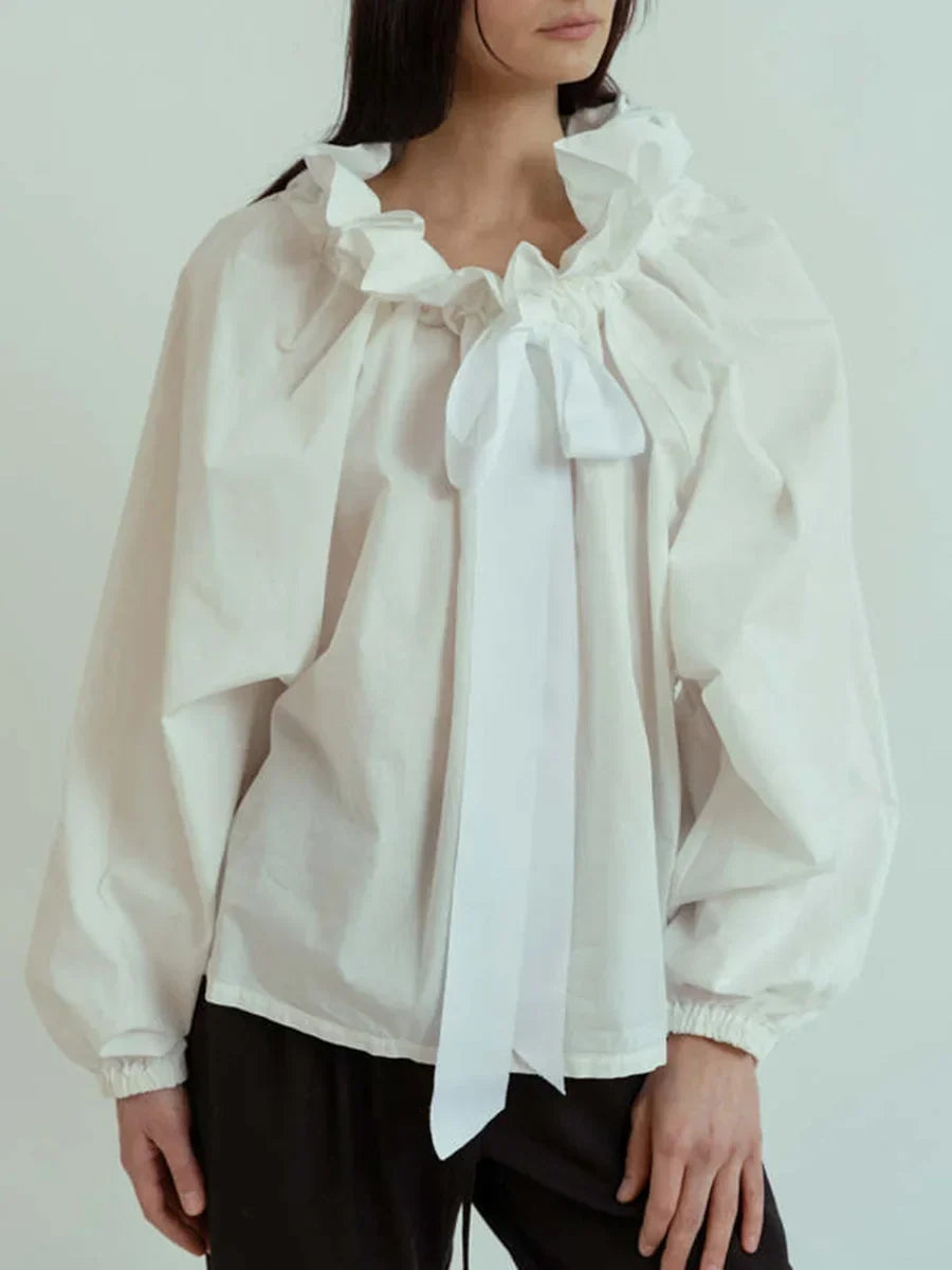 Women's Ruffled Collar Blouse – Bow Tie Lantern Sleeve