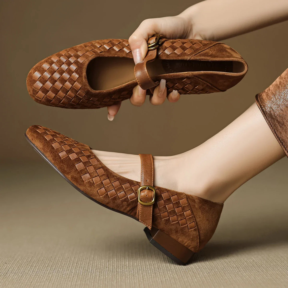 Women's Woven Leather Mary Jane Shoes – Low Block Heel