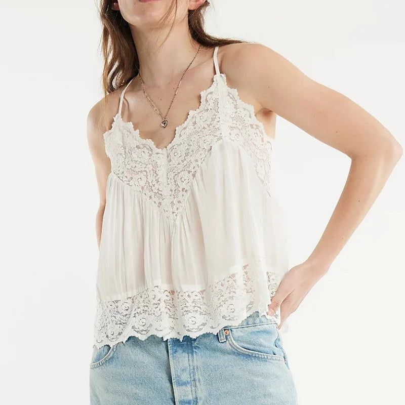 Women's Lace-Trim Cami Top – Sheer Cotton Drape