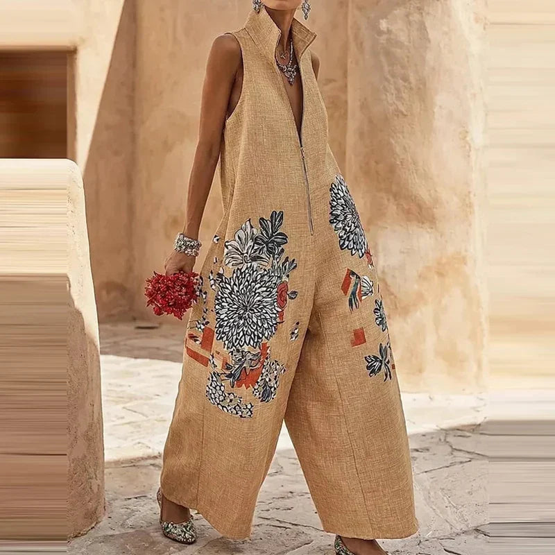 Women's Floral Wide-Leg Jumpsuit – Sleeveless Stand Collar