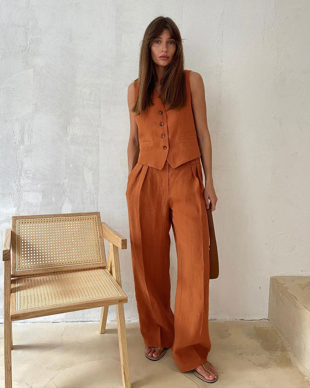 Women's Linen Vest and Pants Set – Wide-Leg Pleated