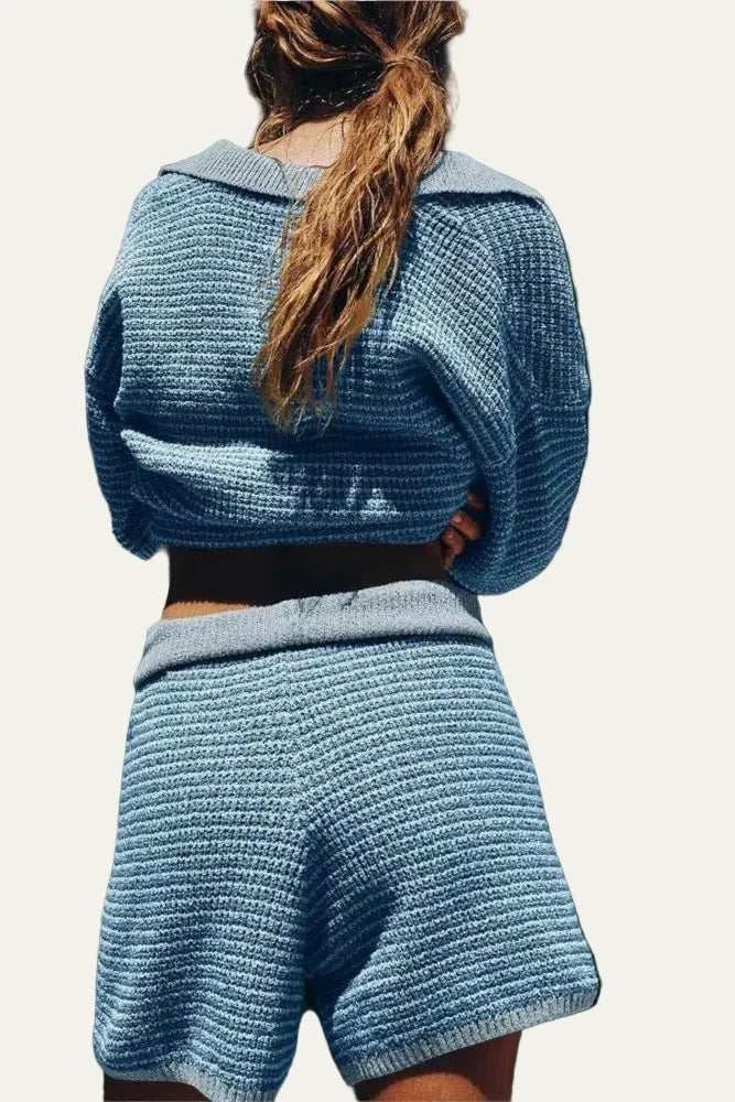 Women's Knit Two-Piece Set – V-Neck Top & Shorts