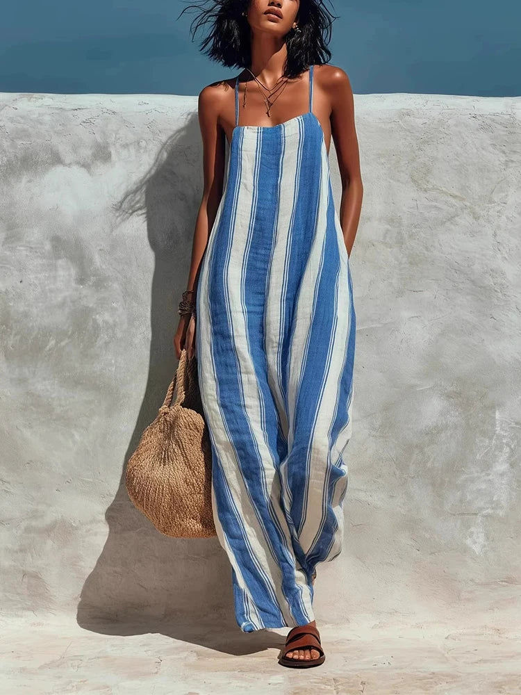 Women's Striped Wide-Leg Jumpsuit – Thin Strap Sleeveless