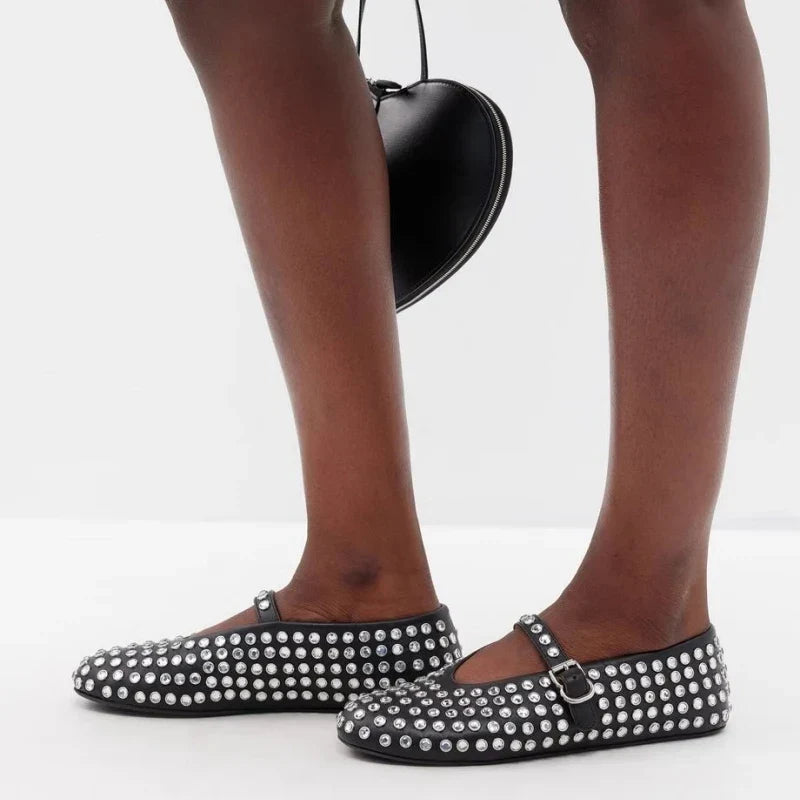 Women's Mary Jane Flat – Crystal-Studded Leather