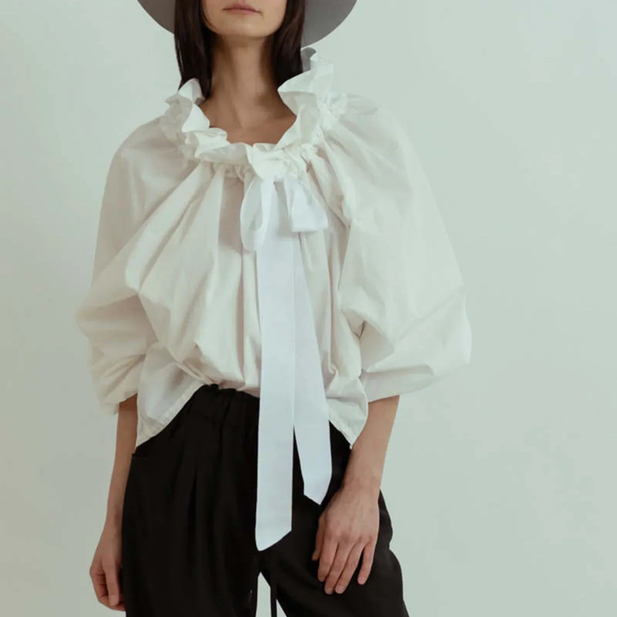 Women's Ruffled Collar Blouse – Bow Tie Lantern Sleeve