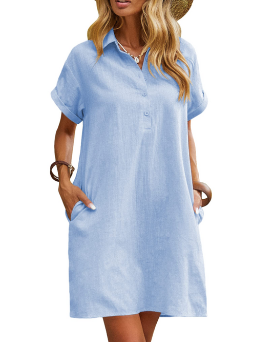 Women's Button-Front Shirt Dress – V-Neck Midi with Pockets