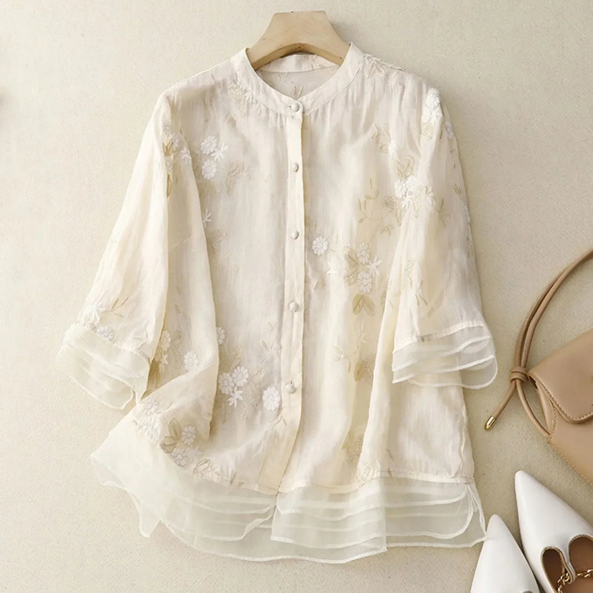 Women's Embroidered Blouse – Sheer Organza Flared Cuffs