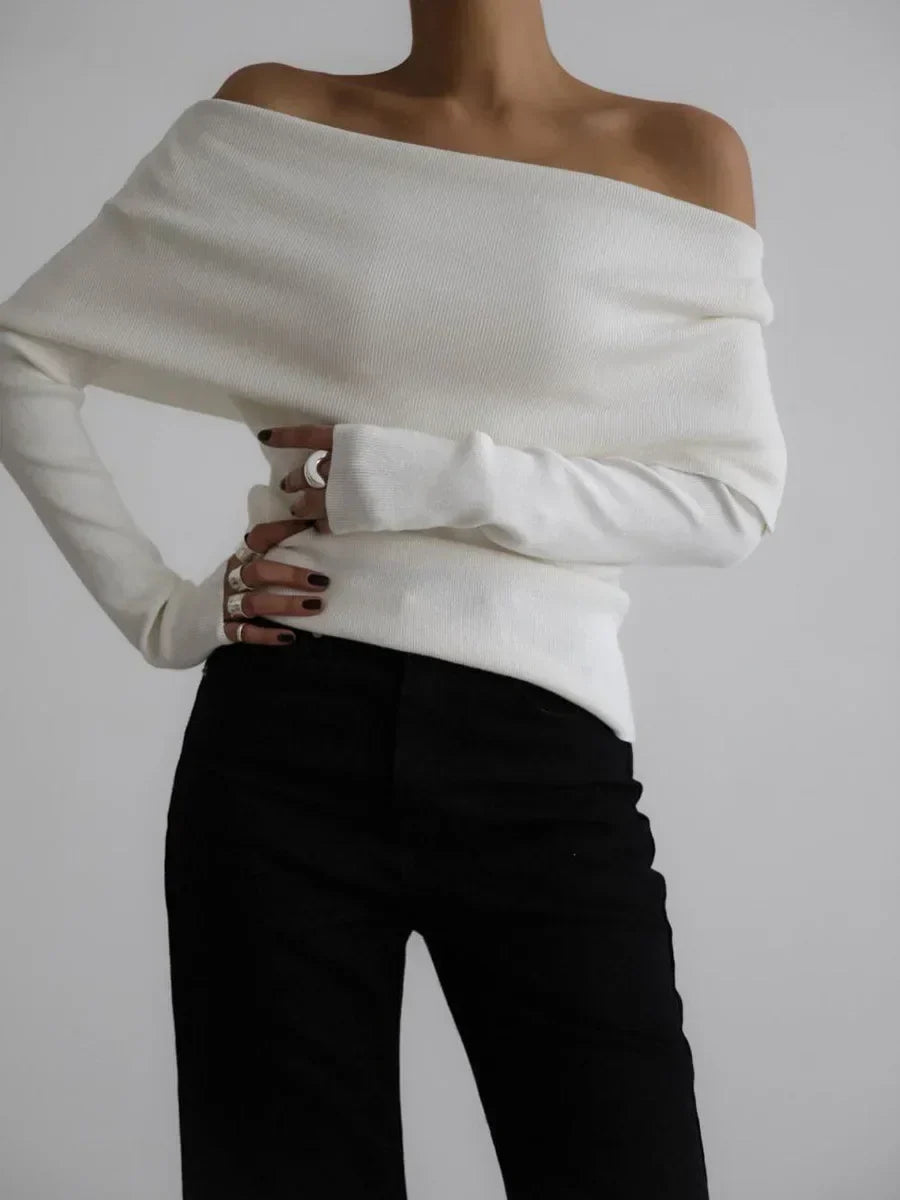 Women's Off-Shoulder Sweater – Slim Hand-Knit Texture
