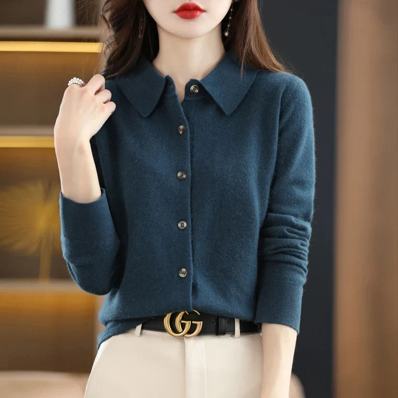 Women's Polo Collar Cardigan – Wool-Blend Button Front