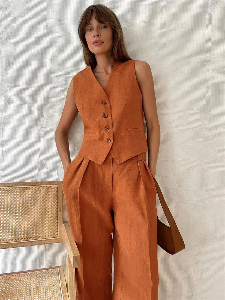 Women's Linen Vest and Pants Set – Wide-Leg Pleated