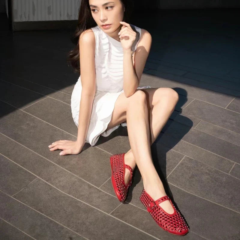 Women's Mary Jane Flat – Crystal-Studded Leather