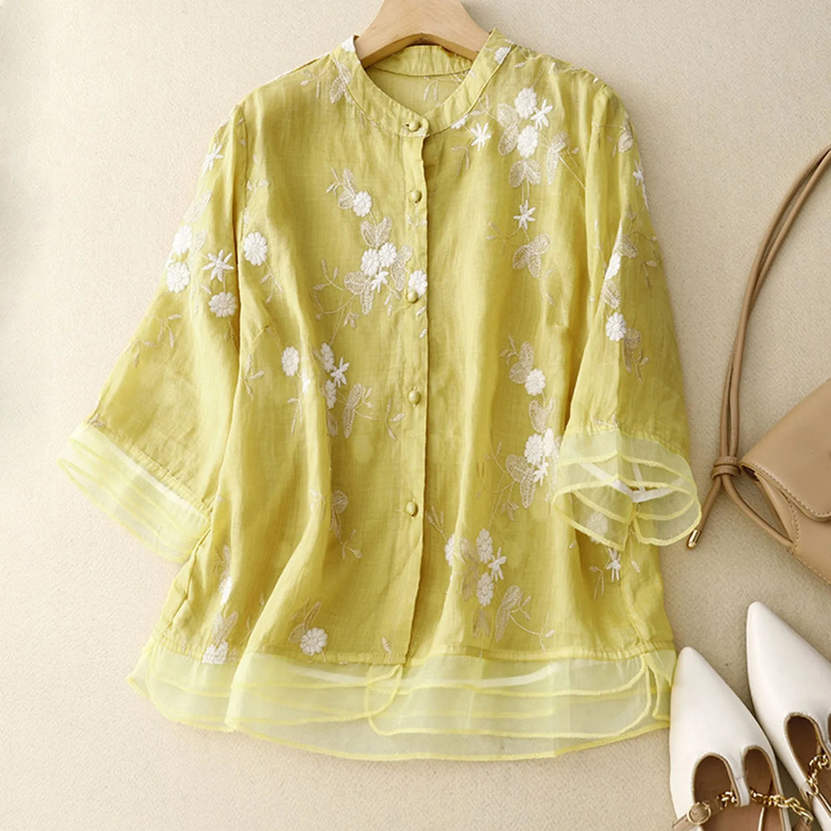 Women's Embroidered Blouse – Sheer Organza Flared Cuffs
