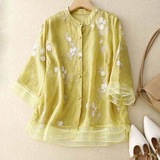 Women's Embroidered Blouse – Sheer Organza Flared Cuffs
