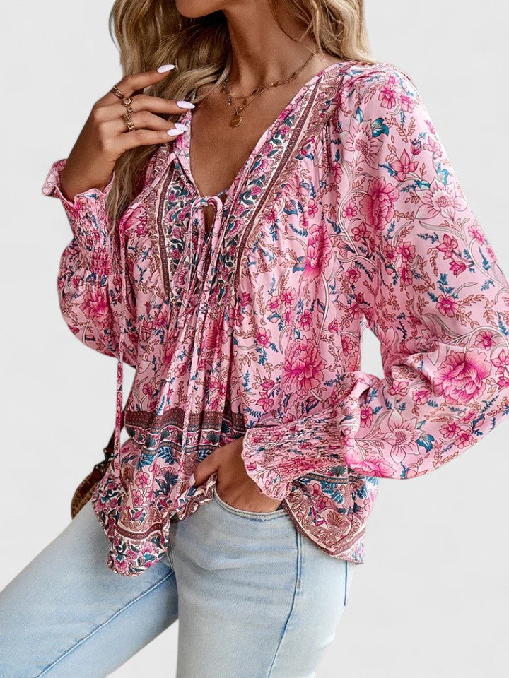 Women's Floral Peasant Top – Gathered V-Neck