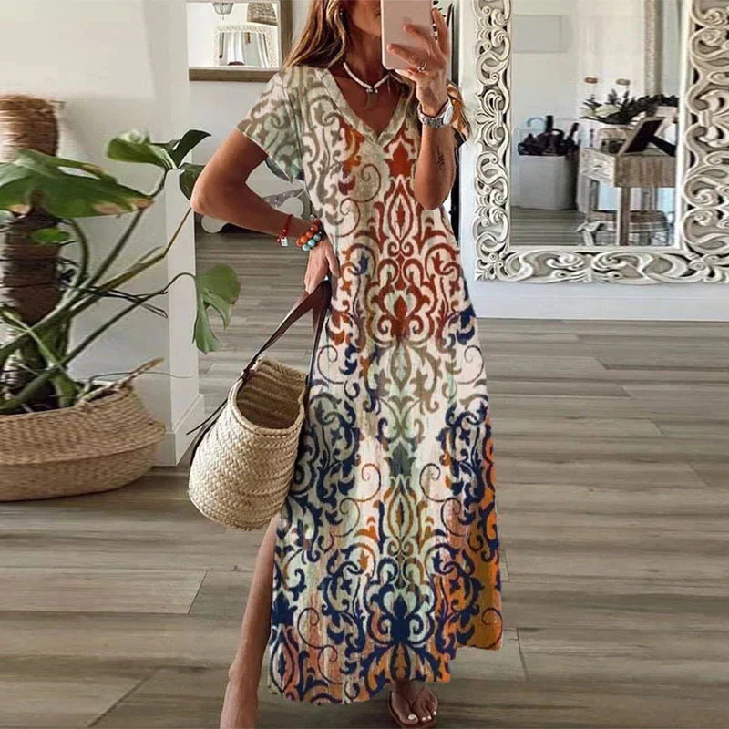 Women's Boho Maxi Dress – V-Neck Short Sleeve