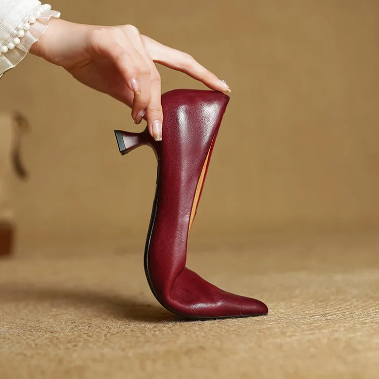 Women's Leather Kitten Heel Pumps – Pointed Toe