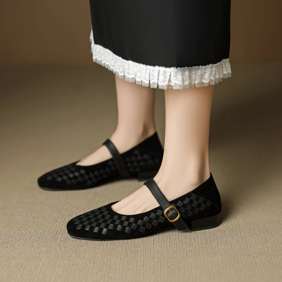 Women's Woven Leather Mary Jane Shoes – Low Block Heel