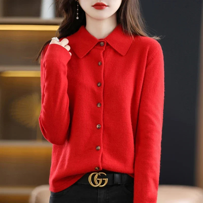 Women's Polo Collar Cardigan – Wool-Blend Button Front
