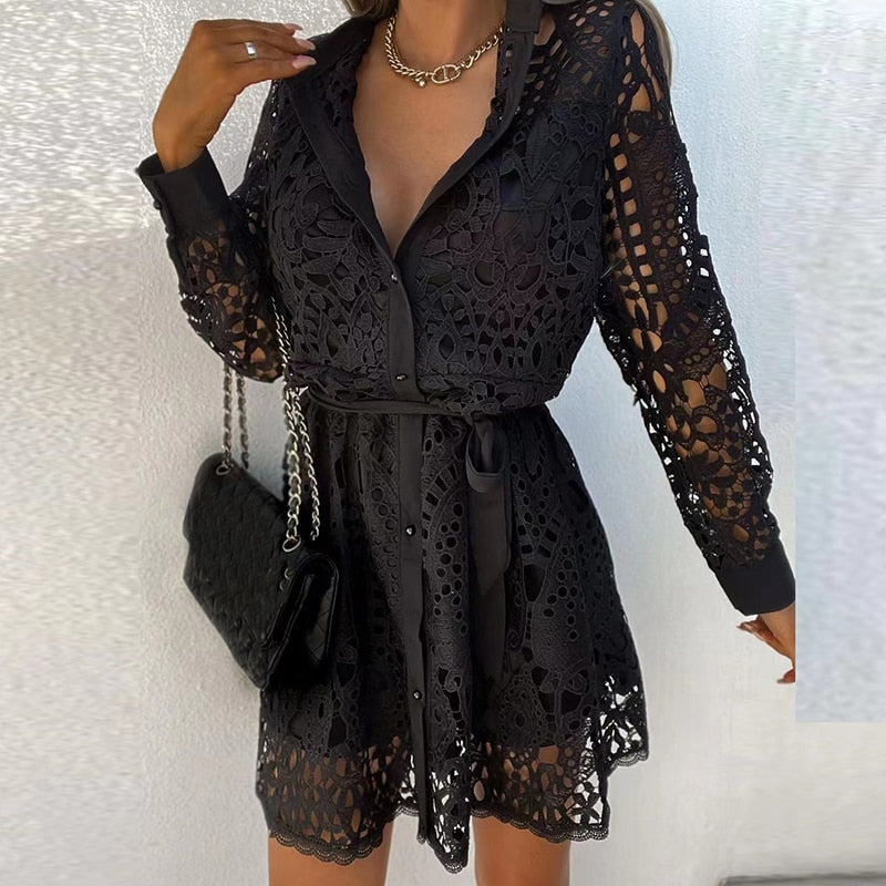 Women's Lace Mini Shirt Dress – Belted A-Line Fit