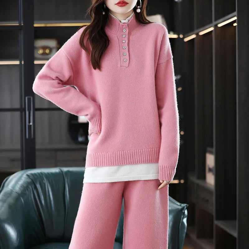 Women's Cashmere Knit Lounge Set – Pullover and Wide-Leg Pants
