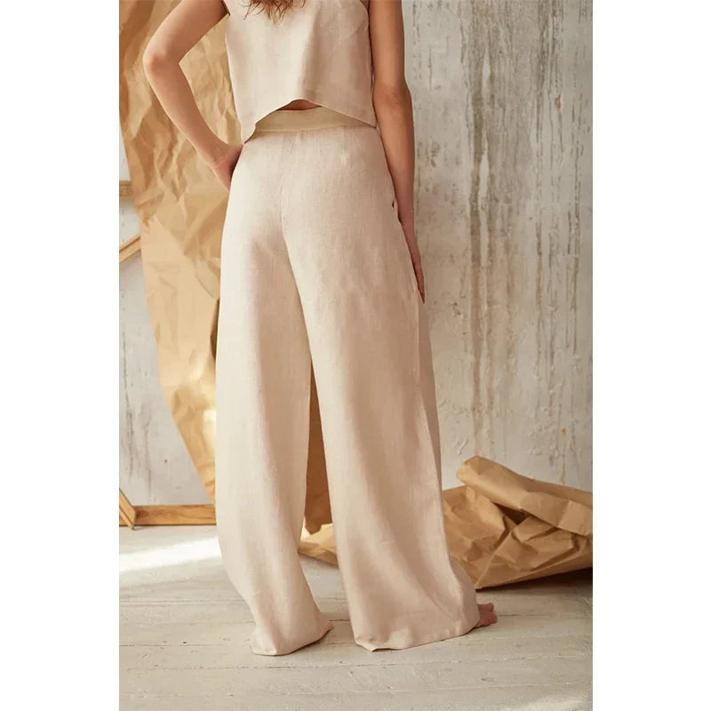 Women's Wide-Leg Cotton Pants – Ankle-Length Button Fly