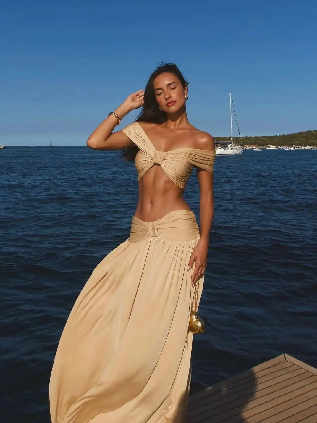 Women's Stretch Maxi Skirt Set – Off-Shoulder Fitted Top