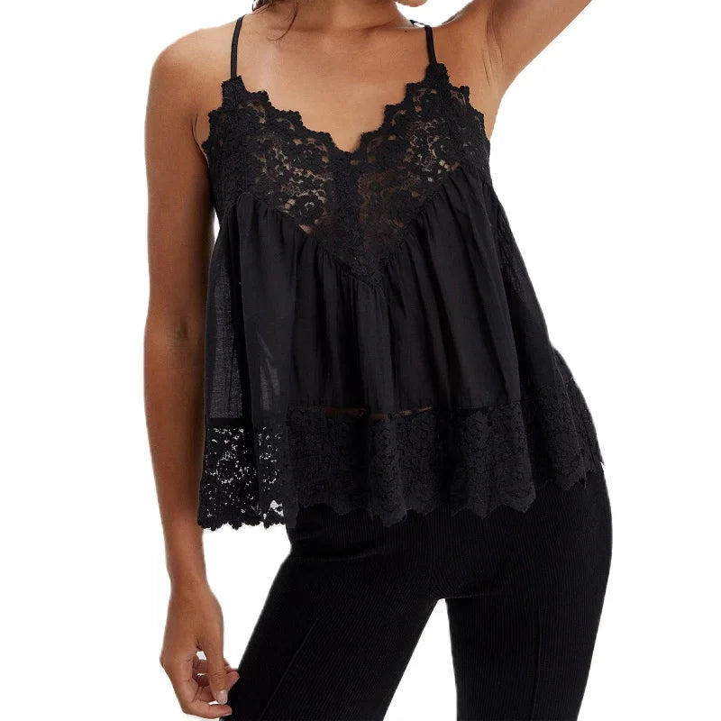 Women's Lace-Trim Cami Top – Sheer Cotton Drape