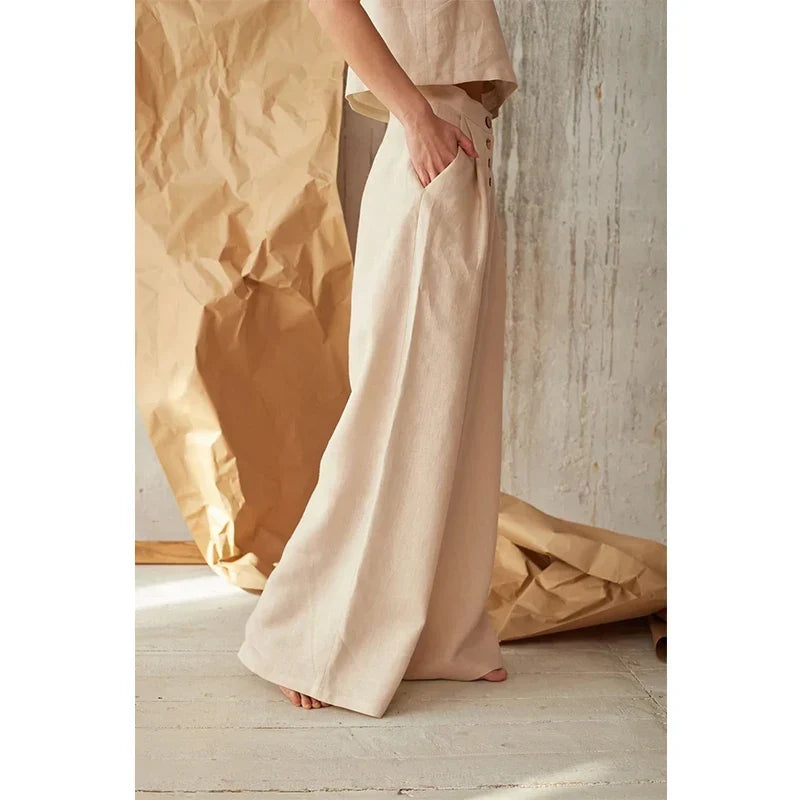 Women's Wide-Leg Cotton Pants – Ankle-Length Button Fly