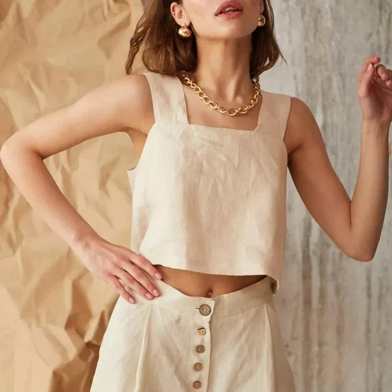Women's Wide-Leg Cotton Pants – Ankle-Length Button Fly