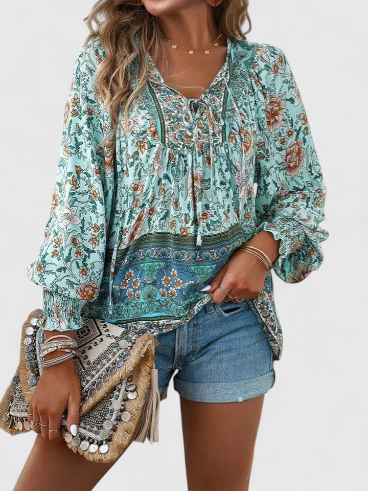 Women's Floral Peasant Top – Gathered V-Neck