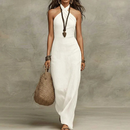 Women's Halter Maxi Dress – Crossover Neck Sleeveless