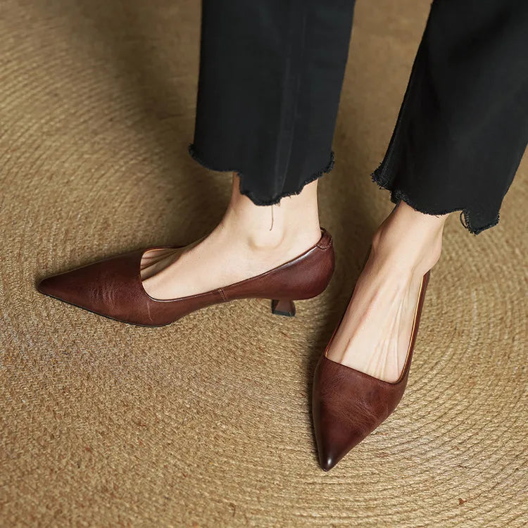 Women's Leather Kitten Heel Pumps – Pointed Toe